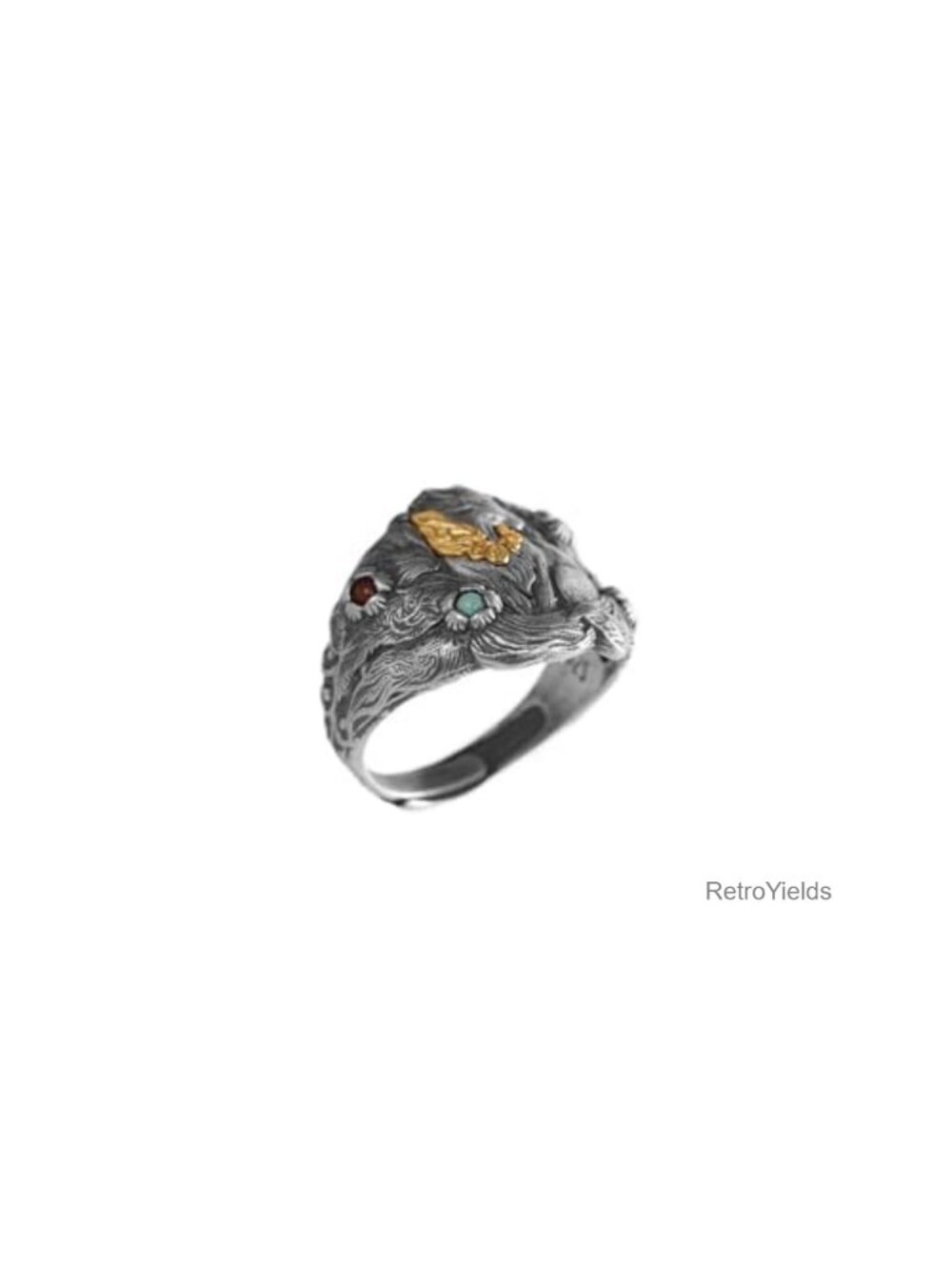 S925 Sterling Silver Guardian Ring 18K Gold Inlay Adjustable Open Band Men's